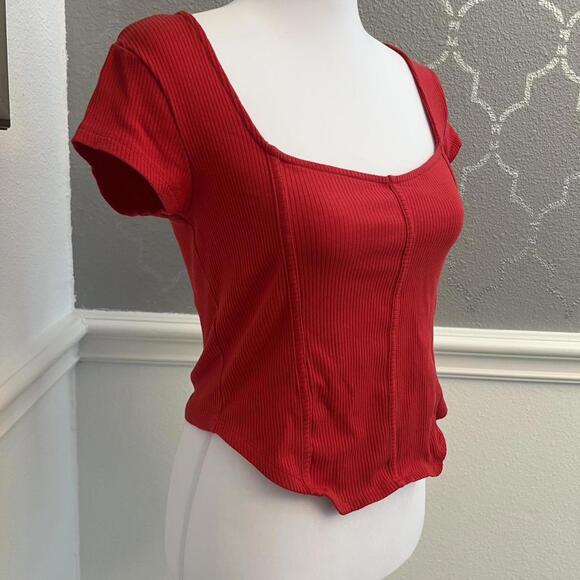 Just Polly Red Ribbed Top Corset Look Size L Square Neckline Going Out‎ Juniors - Picture 1 of 7